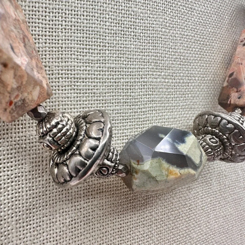 Vintage 80s Leopard Skin Jasper Beaded Statement Necklace Silver Tone‎ Jewelry